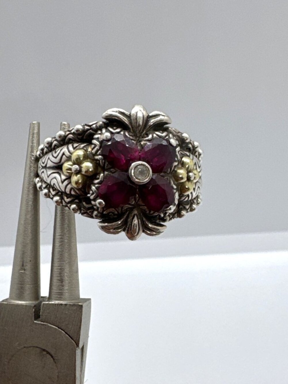 Barbara Bixby 925 SS 18K Gold Rhodolite Garnet White Topaz Floral Ring Size 8.5